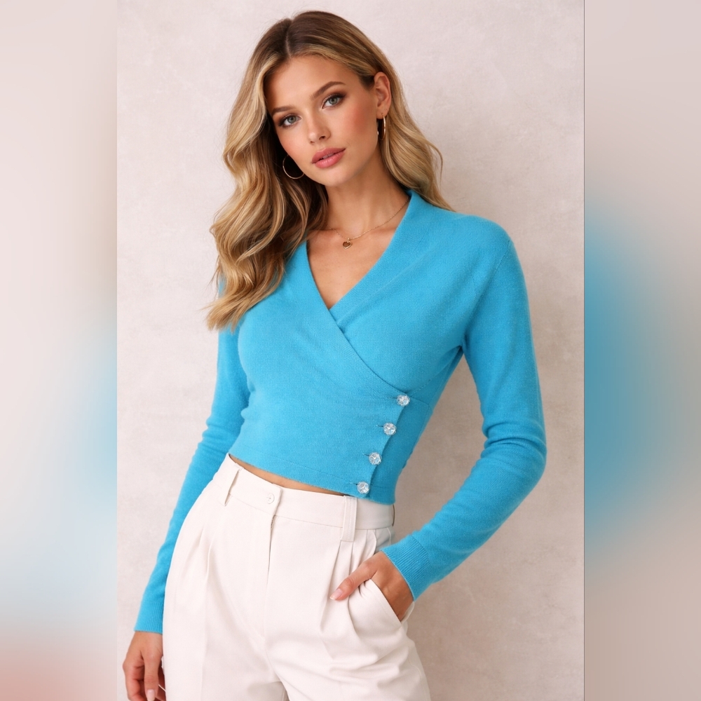 Don Rakow 100% Cashmere Aqua Cropped Wrap Cardigan Embellished Jewel Buttons M